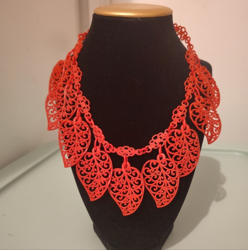 Vintage Celluloid Red Leaf Necklace
